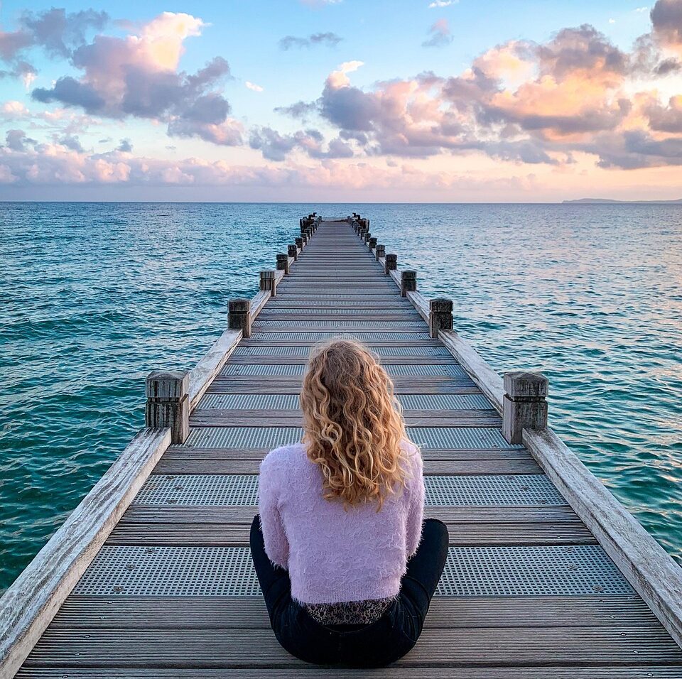 woman, sit, boardwalk, jetty, pier, sea, ocean, clouds, perspective, horizon, sky, seascape, blonde woman, sitting, wooden planks, walkway, alone, solitude, solitary, meditation, relaxation, zen, nature, calm, meditation, meditation, meditation, meditation, meditation